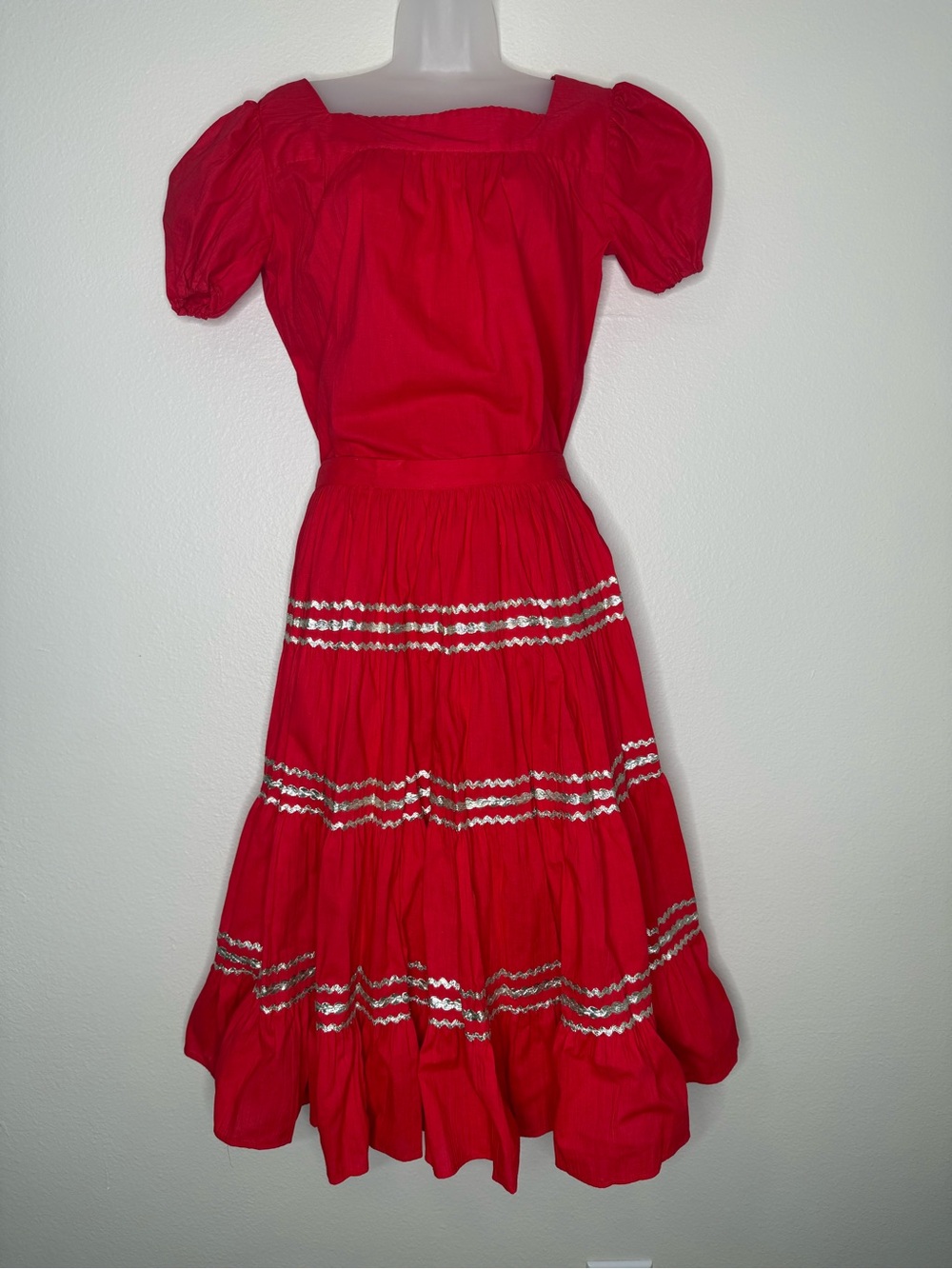 Vintage Aspen Sportswear Red Circle Skirt & Top Silver Trim Sz 14